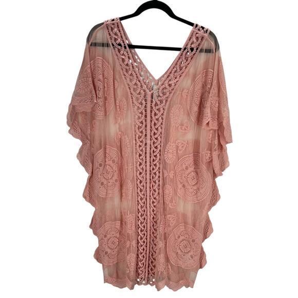 Rachel Zoe Blush Embroidered Sheer Boho Kaftan‎ Cover-Up OS - Picture 1 of 7